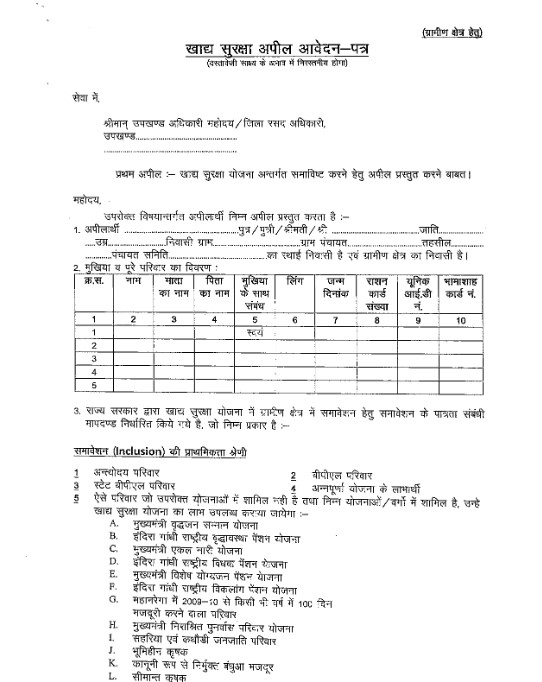 खाद्य सुरक्षा योजना राजस्थान फॉर्म PDF